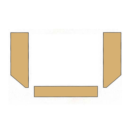 Das Bild zeigt eine schematische Darstellung der Bodensteine aus Vermiculite, die als passendes Zubehör für den Kaminofen Sarigan von Limex dienen. Es werden drei Steine dargestellt: einer für die Rückseite und zwei für die Seiten des Ofens, die dazu bestimmt sind, den Innenraum des Kaminofens auszukleiden und für eine effiziente Wärmeverteilung und Isolation zu sorgen.