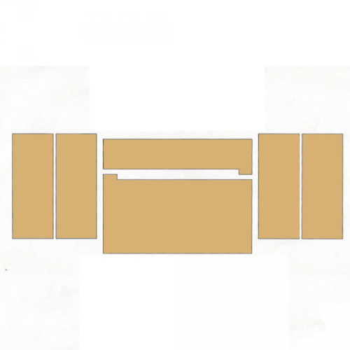 Das Bild zeigt die Ausmauerung Vermiculite passend für Kaminofen Zagreb Dubrovnik von Limex, bestehend aus mehreren rechteckigen und quadratischen Platten in einer beige-braunen Farbe. Diese Platten sind typischerweise als Feuerfestmaterialien für den Innenraum eines Kaminofens konzipiert, um die Hitze effizient zu reflektieren und die Wärmespeicherung zu verbessern. Die Anordnung der Platten deutet darauf hin, dass sie so im Innenraum des Ofens platziert werden sollten.