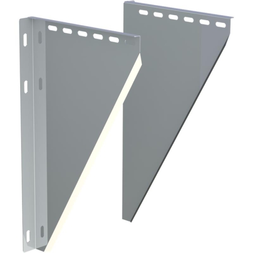 Das Bild zeigt ein Paar Jeremias DW-FU Konsolbleche, die verstellbar sind und einen Wandabstand von 50-150 mm ermöglichen. Diese Konsolen werden verwendet, um Schornstein- oder Lüftungssysteme sicher an einer Wand zu befestigen. Die Metallbleche weisen mehrere Lochreihen für variable Montagemöglichkeiten auf.