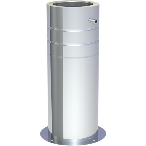 Das Bild zeigt die Jeremias DW-FU Teleskopstütze 250-690 mm inklusive Teleskopkopf mit seitlichem Ablauf. Zu sehen ist ein zylindrisches, metallisches Bauelement mit mehreren Segmenten, das in der Höhe verstellbar erscheint und mit einer Grundplatte zur Montage versehen ist. Ein kleiner seitlicher Stutzen, der für den Ablauf sorgen könnte, ist ebenfalls erkennbar. Das Bild dient dazu, die Konstruktion und die Designmerkmale des Teleskopelements des Schornstein- oder Abgassystems zu veranschaulichen.