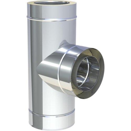 Das Bild zeigt ein Produkt namens Jeremias DW-FU T-Anschluss 90° mit Wassernase, das für Schornstein- oder Abgasleitungssysteme verwendet wird. Es ist ein Rohrelement mit einem vertikalen und einem seitlichen Anschluss, wobei der seitliche Anschluss im 90-Grad-Winkel abgeht. Die Wassernase ist ein Designmerkmal, das verhindern soll, dass Wasser, das auf der Außenseite des Rohres hinunterläuft, in die Abgasleitung oder den angeschlossenen Ofen gelangt. Das Element ist typischerweise aus Metall, oft Edelstahl, hergestellt und wird in der Regel in Heizungs- oder Entlüftungssystemen eingesetzt, um ein sicheres Abführen von Abgasen zu gewährleisten.
