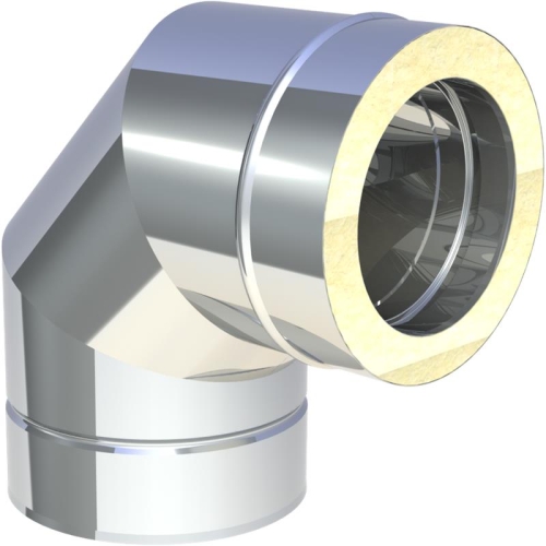 Das Bild zeigt den Jeremias DW-FU Winkel 90°, ein Bauelement für doppelwandige Abgasanlagen. Der Winkel dient dazu, die Richtung der Abgasleitung zu ändern und kann in verschiedenen Installationsszenarien für Heizsysteme verwendet werden. Das Bild visualisiert das Produkt in einem 3D-Render, um Details wie die Beschaffenheit, die Isolationsschicht sowie die Verbindungsmechanismen deutlich zu machen.