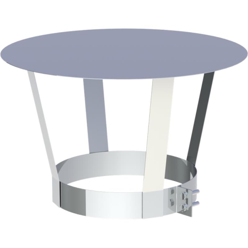 Das Bild zeigt die Jeremias DW-FU Regenhaube, ein Produkt, das für den nachträglichen Anbau konzipiert ist. Es handelt sich um eine Metallkonstruktion, die aus einem runden, flachen Deckel besteht, der von mehreren Streben unterstützt wird, und einem unteren Ring, der zur Befestigung an einem Schornstein oder einem ähnlichen Austritt dient. Die Regenhaube ist entworfen, um Niederschlag von der Eingangsöffnung eines Schornsteins oder Abzugs fernzuhalten und somit dessen Funktion zu schützen und die Effizienz zu steigern.