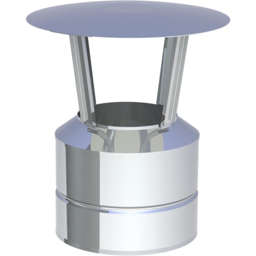 Das Bild zeigt den Jeremias DW-FU Mündungsabschluss mit Regenhaube, ein Bauteil für Schornsteinsysteme. Dieses Element wird auf der Spitze eines Schornsteins installiert und dient dazu, den Eintritt von Regen zu verhindern und gleichzeitig den Rauchaustritt zu ermöglichen. Der Mündungsabschluss ist üblicherweise aus Metall gefertigt und hat ein breites, schirmartiges Oberteil, um den Regen abzuweisen, während die rauchführenden Gase durch die zentrale Öffnung entweichen können.