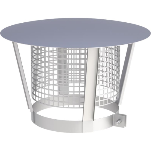 Das Bild zeigt den Artikel Jeremias DW-FU Regenhaube mit Funkenschutzgitter zum nachträglichen Anbau. Es handelt sich um eine runde, metallene Regenhaube, die oben geschlossen ist und ein integriertes Gitter darunter aufweist, das Funkenschutz bietet. Die Haube dient dazu, an ein bestehendes Abgasrohr oder Schornsteinrohr angebracht zu werden, um es vor Regen zu schützen und Funkenflug zu verhindern.