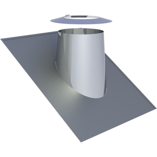 Das Bild zeigt die Jeremias DW-FU Dachdurchführung 26-35° mit Wetterkragen, die für die Installation durch geneigte Dachflächen konzipiert ist. Die Durchführung ist an ihrem unteren Ende zylindrisch und erweitert sich zum oberen Ende hin, wo sie in einen flacheren Wetterkragen übergeht. Der Kragen ist rund und scheint mit einer Kontur versehen zu sein, die zur Befestigung oder Abdichtung dient. Die Darstellung erfolgt in einer 3D-Ansicht, die das Produkt auf einer grauen geneigten Fläche zeigt, um zu veranschaulichen, wie die Dachdurchführung in einer realen Situation aussehen könnte. Der Zweck des Bildes ist es, das Design, die Form und die Funktionalität des Produktes in seiner vorgesehenen Anwendungsumgebung zu demonstrieren.