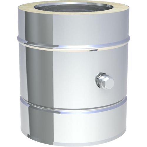 Das Bild zeigt das Produkt Jeremias DW-FU Messelement 250 mm mit 1/2 Zoll Muffe und Verschlussschraube. Zu sehen ist ein zylindrisches Bauteil, das typischerweise als Teil eines modularen Schornsteinsystems zum Einsatz kommt. Das Messelement ist aus Metall gefertigt, hat eine glänzende Oberfläche und ist mit einer seitlichen Muffe und Verschlussschraube ausgestattet. Die Konstruktion ist robust und darauf ausgelegt, sich nahtlos in ein bestehendes Abgassystem einzufügen, um eine Messöffnung oder einen Zugangspunkt für Wartungsarbeiten zu ermöglichen. Die Verschlussschraube dient zum verschließen der Öffnung, wenn keine Messungen vorgenommen werden.