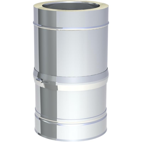 Das Bild zeigt das Produkt Jeremias DW-FU Schiebeelement für waagerechte Verbindungsleitung, ein verstellbares doppelwandiges Edelstahlschiebeelement, das für die Anpassung von Längen in Abgas- oder Schornsteininstallationen verwendet wird. Das Schiebeelement hat einen verstellbaren Bereich von 320 bis 460 mm und wird üblicherweise in Heizungsanlagen, Kaminverbindungen oder ähnlichen Installationen eingesetzt, um eine flexible Anpassung an die erforderliche Verbindungsstrecke zu ermöglichen.