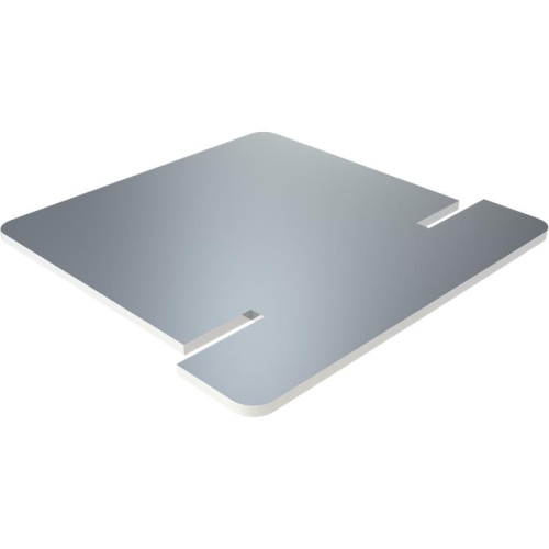 Das Bild zeigt das Produkt Tecnovis DW-Classic Wasserableitblech für Wandstütze ZUTE1425. Es ist ein flaches, metallisches Blech mit abgerundeten Ecken und mehreren Aussparungen, die vermutlich zur Befestigung oder Wasserführung dienen. Dieses Blech wird verwendet, um Wasser von Wandstützen, beispielsweise im Sanitärbereich, gezielt abzuleiten und somit Wasserschäden oder Kalkablagerungen vorzubeugen.