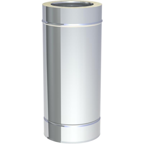 Das Bild zeigt das Tecnovis DW-Classic Längenelement 500mm, ein zylindrisches Rohrelement aus Metall, das typischerweise als Teil von Schornstein- oder Abgasanlagen verwendet wird. Es ist silbern glänzend, hat an beiden Enden einen umgebenden Rand und ist zur Visualisierung des Produktes für potenzielle Käufer konzipiert.
