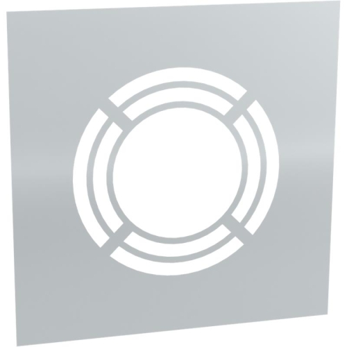 Produktabbildung der Tecnovis DW-Classic Wand-/Deckenblende, einteilig 0° mit Hinterlüftung. Das Bild zeigt eine quadratische Blende in Weiß mit einer kreisförmigen Öffnung und mehreren konzentrischen Kreisen, die einen Lüftungsraum darstellen. Diese Blende wird verwendet, um die Übergänge von Dunstabzugshaubenrohren an Wände oder Decken ästhetisch zu verkleiden, während gleichzeitig eine Hinterlüftung ermöglicht wird.