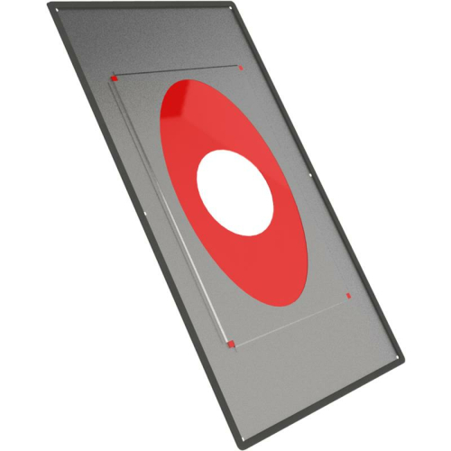 Das Bild zeigt das Produkt Tecnovis DW-Classic Deckenblende mit Dichtung für Dampfsperrenanbindung 41°-55° (bis 450 °C / N1). Zu sehen ist eine rechteckige, graue Deckenblende mit einer zentralen, ovalen Öffnung, die von einer roten Dichtung umgeben ist. An den Ecken der Deckenblende befinden sich rot markierte Befestigungspunkte. Diese Deckenblende ist zur Installation an Decken konzipiert, um eine Rohrdurchführung für beispielsweise Schornsteinsysteme abzudichten und gleichzeitig eine Verbindung zu einer Dampfsperre herzustellen. Sie ist für Neigungen zwischen 41° und 55° geeignet und kann bei Temperaturen bis zu 450 °C verwendet werden. Das Bild dient dazu, die Beschaffenheit und das Design des Produkts zu veranschaulichen.
