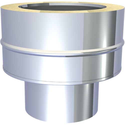 Das Bild zeigt den Tecnovis DW-Classic Übergang von einem einwandigen zu einem doppelwandigen Rohrsystem für Abgas- oder Schornsteininstallationen. Das Produkt weist ein schlankes, zylindrisches Design auf, mit dem unteren Teil für den Anschluss an ein einwandiges Rohr und dem oberen, breiteren Teil mit Isolierung für die Verbindung zu einem doppelwandigen System. Die Komponente ist typischerweise aus Metall gefertigt und zeigt auf dem Bild eine silberne Farbgebung.