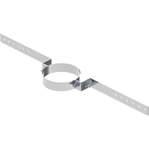 Das Bild zeigt den Tecnovis DW-Classic Sparrenhalter light kürzbar, ein Montageelement für Dachstrukturen. Es handelt sich um eine Metallkonstruktion, die aus einem längenverstellbaren Band und einer runden Halterung besteht, welche wahrscheinlich zur Befestigung von Rohren oder zylindrischen Körpern an Sparren oder ähnlichen Trägerelementen dient.