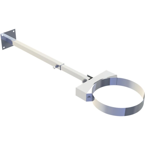 Das Bild zeigt den Tecnovis DW-Classic Unterstützung verstellbar 800 - 1200 mm mit Gelenk, ein Installationsprodukt für Wand- und Deckenbefestigungen. Es handelt sich um eine Metallkonstruktion mit einer verstellbaren Teleskopstange und einem Gelenk am Ende zur flexiblen Anpassung. Am anderen Ende befindet sich eine Flanschplatte zur Montage an einer Wand oder Decke. Im Vordergrund ist ein ringförmiges Element sichtbar, an dem Rohre oder Kabel befestigt werden können. Das Produkt ist typischerweise in technischen Anwendungen im Bauwesen zur Unterstützung von Installationssystemen zu finden.