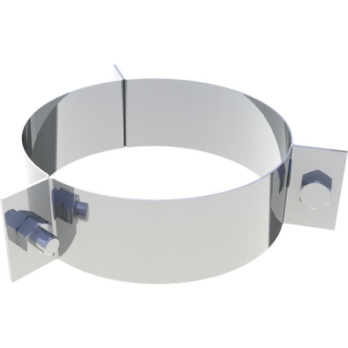 Das Bild zeigt eine Tecnovis DW-Classic 3-Punkt-Abspannschelle. Zu sehen ist eine metallene, bandartige Schelle mit einem Schließmechanismus und drei Ankerpunkten, die vermutlich zur Befestigung und Stabilisierung von runden Objekten, wie Rohren oder Masten, verwendet wird. Die Schelle ist auf einem einfarbigen Hintergrund dargestellt, um die Struktur und Details des Produkts hervorzuheben.