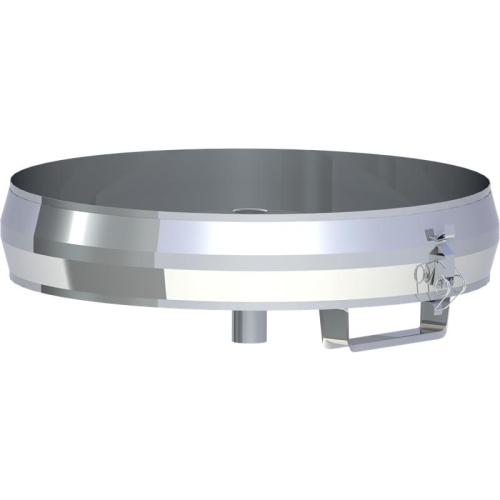 Das Bild zeigt den Tecnovis DW-Classic Rußtopf abnehmbar mit Kondensatablauf, der als Komponente für Schornstein- oder Abgasanlagen verwendet wird. Der Rußtopf ist rund, aus glänzendem Metall und besitzt einen Auslass mit Absperrventil am Boden, um angesammeltes Kondensat oder Rußpartikel sicher abführen zu können.