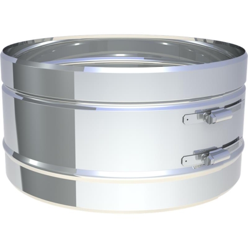 Das Bild zeigt ein Tecnovis DW-Classic Klemmband als Ersatzteil, das eine robuste, zylindrische Form hat und möglicherweise zur Befestigung oder Verbindung von Rohrsegmenten verwendet wird. Es verfügt über mehrere Verschlussmechanismen an der Außenseite, die die Montage und Demontage erleichtern könnten. Die glänzende metallische Oberfläche deutet auf eine Verwendung in technischen oder industriellen Anwendungen hin, bei denen Langlebigkeit und Festigkeit erforderlich sind.