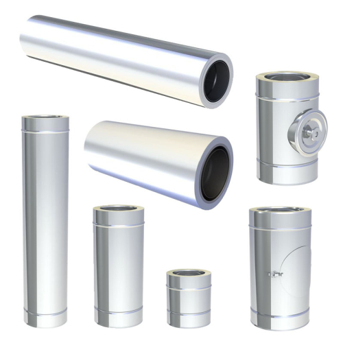 Das Bild zeigt die Jeremias DW-FU Längenelemente in verschiedenen Ausführungen, bestehend aus Edelstahl. Diese Bauteile werden zur Erstellung von doppelwandigen Abgas- und Schornsteinsystemen verwendet. Im Bild sind gerade Rohrelemente unterschiedlicher Längen, ein T-Stück und Verbindungselemente zu sehen. Die Produkte zeichnen sich durch ihre hochglänzende Oberfläche und robuste Verarbeitung aus, was auf eine hohe Qualität und Langlebigkeit hinweist. Diese Komponenten sind elementar für die Installation sicherer und effizienter Abgaswege in Heizungsanlagen in Wohn- oder Gewerbegebäuden.