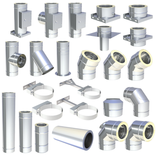 Das Bild zeigt verschiedene doppelwandige Edelstahl-Schornsteinelemente des Produkts Jeremias DW-FU. Diese Komponenten werden für die Installation und den Aufbau eines modularen, doppelwandigen Schornsteinsystems verwendet. Zu sehen sind unter anderem gerade Rohre, T-Stücke, Bögen, Wandhalterungen und andere verbindende Elemente, die flexibel kombiniert werden können, um den baulichen Anforderungen eines Schornsteinzugs zu entsprechen.