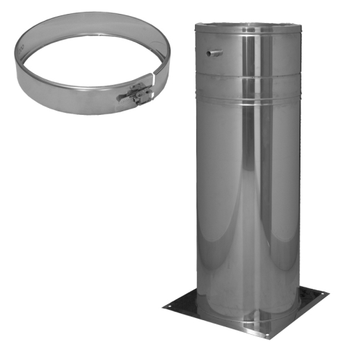 Das Bild zeigt das Produkt 856/DN150 DW6 kürzbare Bodenplatte mit Ablauf Dinak. Zu sehen ist eine Edelstahl-Bodenplatte, die als Teil eines Schornsteins oder Abgassystems verwendet wird. Die Bodenplatte ist zylindrisch mit einer ausgeschnittenen Sektion für den Ablauf. Es sind Größenangaben in Millimetern sowohl für den Durchmesser (Da) als auch für die minimale Höhe (Hmin) und die maximale Höhe (M) angegeben, welche die Flexibilität der Kürzbarkeit des Produkts hervorheben. Zusätzlich ist neben dem Produkt eine technische Zeichnung zu sehen, die die Dimensionen des Abflusses und die Möglichkeit zur Kürzung darstellt. Dies bietet Klarheit über die Anpassungsfähigkeit und Installationsweise des Produkts für potenzielle Benutzer und Installateure.