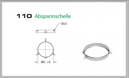 Das Bild zeigt eine technische Zeichnung und ein Foto der 110/DN130 DW Abspannschelle Dinak. Links sind die Zeichnungen mit Maßangaben, die die Ansichten des Produkts von der Seite und von oben abbilden. Rechts ist ein Foto der Abspannschelle selbst zu sehen. Der Zweck des Bildes ist es, die Spezifikationen und das Aussehen der Abspannschelle für Interessenten oder Kunden zu illustrieren.