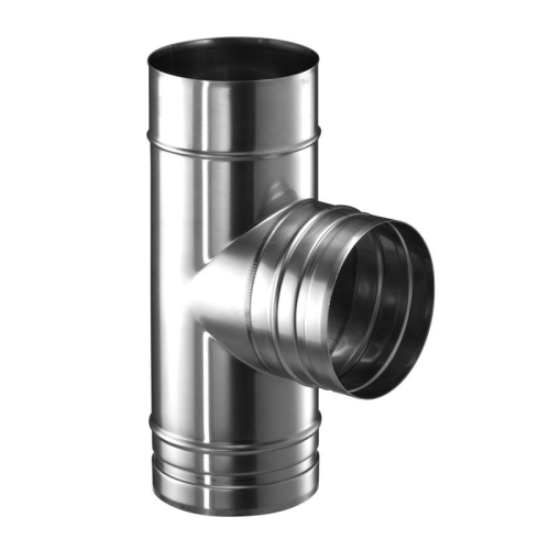 Das Bild zeigt ein metallenes Bauteil, den Schiedel Prima Plus PPL Rauchrohranschluss 85° mit Stutzen. Es handelt sich hierbei um ein Verbindungselement für Ofenrohre oder Schornsteinsysteme. Das glänzende Edelstahlprodukt besteht aus einem vertikalen Rohr mit einem schrägen Abzweig, dessen Winkel bei 85 Grad liegt. Der Stutzen ermöglicht den Anschluss an ein weiteres Rohrelement innerhalb einer Rauch- oder Abgasführungsinstallation.