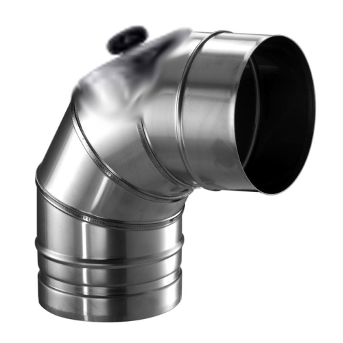 Das Bild zeigt den Schiedel Prima Plus PPL Bogen 85° mit Revisionsverschluss für Öl und Gas. Das Produkt ist aus Metall, hat eine glänzende Oberfläche und besteht aus einem gebogenen Rohr mit einem Winkel von 85 Grad, welches zur Ableitung von Verbrennungsgasen aus Heizsystemen für Öl und Gas dient. Am oberen Bogen des Rohres befindet sich eine kleine Öffnung mit einem Verschluss, die als Revisionsöffnung zur Inspektion oder Reinigung des Rohrinnern dient. Das Bild dient dazu, die physischen Merkmale und die Qualität des Bauteils zu präsentieren und wird vermutlich in einem Katalog oder Online-Shop zur Produktvisualisierung verwendet.