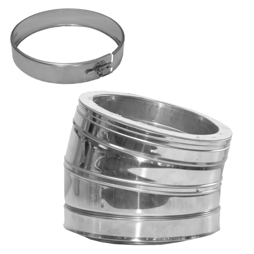 Das Bild zeigt eine Tabelle mit Maßen in Millimetern neben einer technischen Zeichnung und einem Foto eines metallischen, zylindrischen Objektes mit einer Neigung, identifiziert als das Produkt 044/DN180 DW6 Winkel 15° Dinak. Das Bild dient dazu, die Größenangaben und das Aussehen dieses Winkels darzustellen, der in 15-Grad-Abstufung für Ofen- oder Abgasrohre verwendet wird.