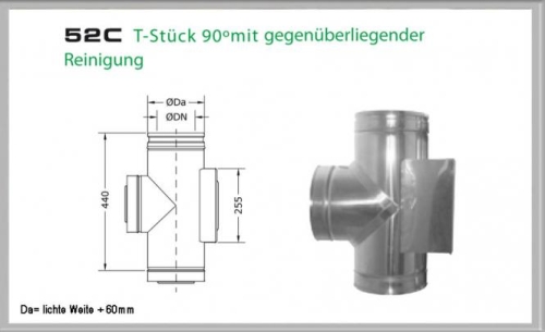 Das Bild zeigt das Produkt 52C/DN130 DW6 T-Stück 90° mit gegenüberliegender Reinigung Dinak. Es ist eine technische Zeichnung des T-Stücks neben einer fotografierten Darstellung desselben Gegenstandes abgebildet. Die technische Zeichnung liefert präzise Abmessungen und Winkel des T-Stücks, während das Foto das reale Aussehen des Produkts veranschaulicht. Das Ganze dient dazu, dem interessierten Betrachter oder potentiellen Käufer eine genaue Vorstellung vom Produkt und dessen Maßen zu vermitteln.