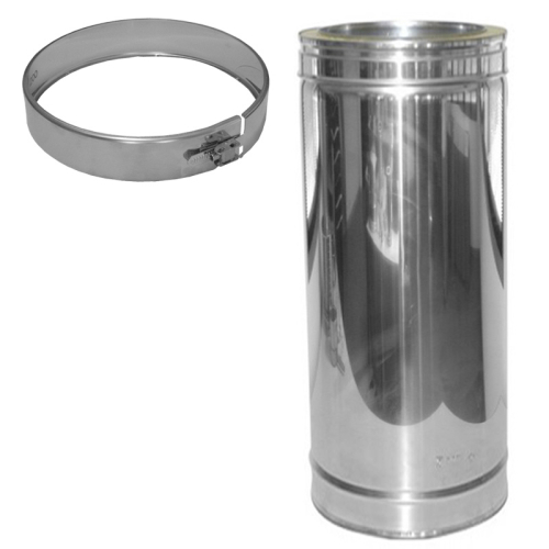 Das Bild zeigt das Produkt 025/DN250 DW6 Längenelement 330mm/270 mm Dinak, ein zylindrisches Rohrelement aus Metall für Abzugssysteme, Schornsteine oder Lüftungsanlagen. Links im Bild sind technische Zeichnungen des Längenelements mit Maßangaben und einer Beschriftung, die die Dimensionen 270 mm Länge und einen Durchmesser angibt, der offenbar durch die Formel Da = lichte Weite + 60 mm bestimmt wird. Rechts im Bild ist das physische Produkt abgebildet, ein Edelstahlrohr mit sichtbaren Nähten und einem glänzenden Finish. Das Bild ist dazu gedacht, dem Betrachter Informationen über die Maße und das Aussehen des Rohrelements zu geben.