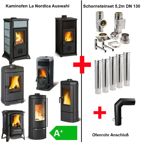 Das Bild zeigt eine Auswahl an Kaminöfen von La Nordica in verschiedenen Designs und mit unterschiedlichen Ausstattungsmerkmalen. Zusätzlich ist ein komplettes Schornsteinset mit einer Länge von 5,2m und einem Durchmesser von 130mm (DN 130) zu sehen, sowie ein Ofenrohranschluss. Dieses Bild dient dazu, die verschiedenen erhältlichen Modelle des La Nordica Kaminofens zusammen mit den notwendigen Installationskomponenten für den Schornstein zu präsentieren. Die abgebildeten Kaminöfen zeigen unterschiedliche Energieeffizienzklassen, wobei mindestens ein Modell mit einer A+ Effizienzklasse gekennzeichnet ist. Das Bild zielt darauf ab, dem Betrachter eine visuelle Übersicht über das Produktportfolio sowie das Zubehör zu bieten, das für die Installation eines solchen Kaminofens nötig ist.