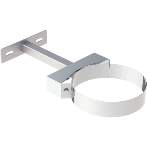 Das Bild zeigt den Jeremias DW ECO 2.0 Wandabstandshalter, ein verstellbares Montageelement zur Befestigung von doppelwandigen Schornsteinen an einer Wand. Der Wandabstandshalter besteht aus einer runden Manschette, die um den Schornstein gelegt wird, und einer daran befestigten, ausziehbaren Stütze, die zur Wandmontage verwendet wird. Die Verstellbarkeit von 50 bis 250 mm ermöglicht eine flexible Anpassung an verschiedene Wandabstände. Das Bild dient dazu, die Konstruktion und das Design des Produkts zu veranschaulichen.