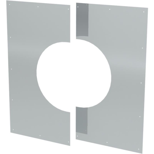 Das Bild zeigt die Jeremias DW ECO 2.0 Wand-/Deckenblende, zweiteilig 1°-65°. Zu sehen sind zwei flache, rechteckige Graue Metallplatten, die zusammengesetzt eine runde Öffnung bilden. Diese Blende ist zur Montage an Wand oder Decke gedacht, um den Durchgang eines Ofen- oder Kaminrohrs sauber und ästhetisch zu verblenden. Die Blende ist so konzipiert, dass sie für verschiedene Winkel von 1 bis 65 Grad eingestellt werden kann und somit flexibel bei der Installation von Schornsteinen oder Lüftungssystemen eingesetzt werden kann.