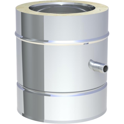 Das Bild zeigt das Produkt Jeremias DW ECO 2.0 Entwässerungselement 250 mm für horizontalen und vertikalen Einbau. Es handelt sich um ein zylinderförmiges Bauteil aus Metall mit einer zentralen Öffnung und einem seitlichen Anschlussstück, das für die Installation von Entwässerungssystemen bei Schornsteinen und ähnlichen Konstruktionen verwendet wird. Das Bild dient zur Veranschaulichung der Konstruktion und Beschaffenheit des Entwässerungselements, um potenziellen Käufern oder Installateuren ein klares Verständnis des Produktes zu ermöglichen.