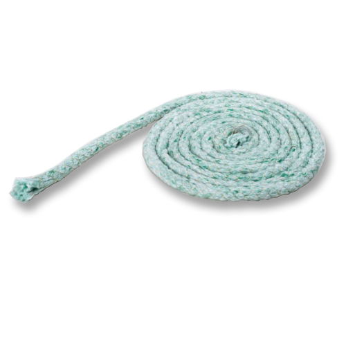 Das Bild zeigt eine aufgerollte Ofentürdichtschnur mit einem Durchmesser von 10mm und einer Länge von 1 Meter, verstärkt mit einem Draht. Diese Dichtschnur wird in der Regel für die Abdichtung von Ofentüren verwendet, um Hitze im Inneren zu behalten und die Effizienz des Ofens zu verbessern.