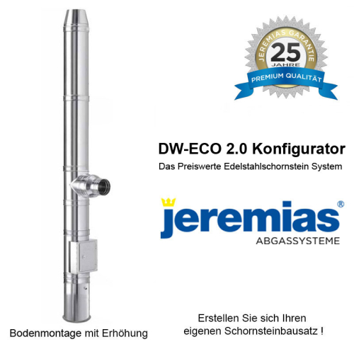 Jeremias DW-ECO 2.0 Edelstahlschornstein 130mm ca. 10,3m Bodenmontage mit Erhöhung 50-250mm Wandabstand
