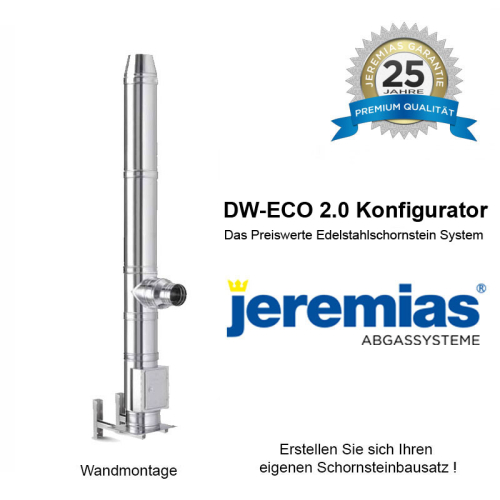 Jeremias DW-ECO 2.0 Edelstahlschornstein 130mm ca. 5,5m Wandmontage 50-250mm Wandabstand