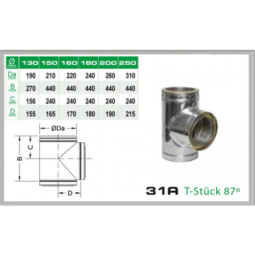 Das Bild zeigt ein metallisches T-Stück, das als Verbindungsstück in Rohrleitungssystemen dient. Das T-Stück ist als 31A T-Stück mit einem Winkel von 87 Grad klassifiziert. Eine Tabelle mit verschiedenen Abmessungen in Millimetern (Da, B, C, D) für unterschiedliche Rohrdurchmesser (130 mm bis 250 mm) ist zu sehen, ebenso wie eine technische Zeichnung mit den spezifischen Maßen des T-Stücks. Der Zweck des Bildes ist es, die visuellen und maßlichen Details des Produkts 31A/DN250 DW6 T-Stück 87° Dinak für potenzielle Käufer oder Nutzer darzustellen.