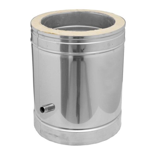 Das Bild zeigt das Produkt 055/DN180 DW6 Element mit Kondensatablauf 330/270 mm Dinak, ein Bestandteil für ein Abgassystem oder eine Rohrleitung. Auf dem Bild sind eine fotorealistische Abbildung des Produkts sowie technische Zeichnungen mit den Maßen zu erkennen. Der Zweck des Bildes ist es, das Aussehen und die Abmessungen des Elements zu vermitteln, damit potentielle Käufer oder Installateure eine Vorstellung von dem Produkt bekommen und seine Eignung für bestimmte Anwendungen beurteilen können.