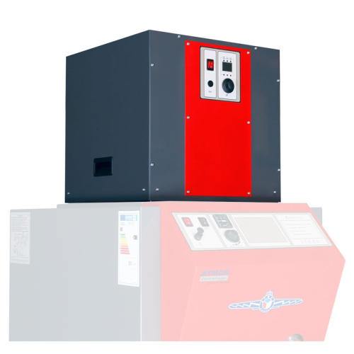 Das Bild zeigt das Atmos Basic One Ansaugsystem für Atmos PX Pelletkessel. Im Vordergrund ist ein Teil des Systems in Rosa mit Bedienelementen und Anzeigen zu sehen. Im Hintergrund ist ein weiterer Teil des Systems, in Schwarz und mit roten Akzenten um die Steuerungselemente, abgebildet. Das Bild dient dazu, das Aussehen und die Konfiguration des Ansaugsystems zu präsentieren, sodass potentielle Kunden oder Nutzer sich mit dem Produkt vertraut machen können.