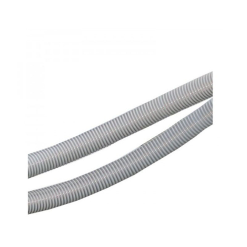 Das Bild zeigt zwei Abschnitte eines grauen, flexiblen Atmos Saugschlauchs PCV antistatisch, der typischerweise in industriellen oder gewerblichen Umgebungen für Absaug- und Fördervorgänge verwendet wird, bei denen es wichtig ist, das Risiko von elektrostatischer Aufladung zu minimieren. Der Schlauch hat eine geriffelte Oberfläche, die für Flexibilität und Festigkeit sorgt.