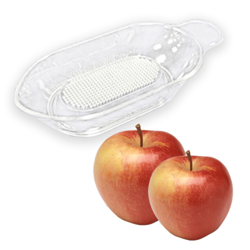Das Bild zeigt eine kunststoffgefertigte Apfelreibe zusammen mit zwei ganzen roten Äpfeln. Der Zweck des Bildes ist es, das Produkt, die Apfelreibe aus Kunststoff, in Gebrauchsnähe zu frischem Obst zu präsentieren und vermutlich dessen Anwendung für die Verarbeitung von Äpfeln zu verdeutlichen.
