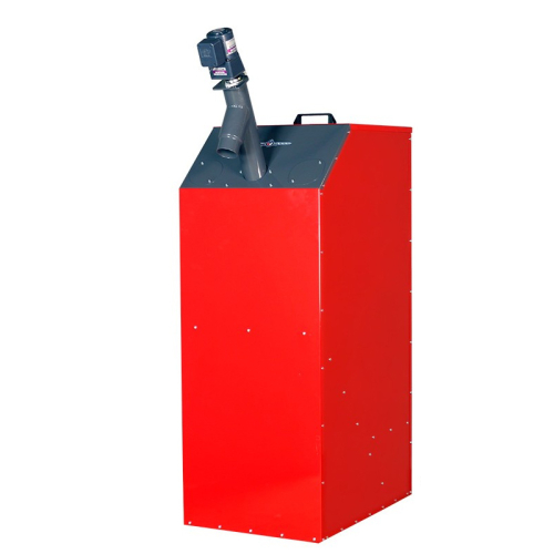 Das Bild zeigt ein Platzsparsilo für Pellets inklusive Förderschnecke. Auf dem Bild ist ein hochformatiges, metallisches Silo in kräftigem Rot zu sehen. An der oberen Seite des Silos befindet sich ein schwarzer, schräg angebrachter Auslass mit einer spiraligen Struktur, was typisch für eine Förderschnecke ist. Dieses Silo dient dazu, Holzpellets platzsparend zu lagern und mittels der integrierten Förderschnecke den Transport der Pellets zur Heizanlage zu ermöglichen.