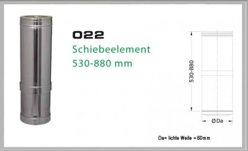 Das Bild zeigt ein 022/DN130 DW Schiebeelement 530 mm - 880 mm Dinak. Auf der linken Seite ist das Schiebeelement in einer fotografierten Darstellung zu sehen, das wie ein Metallrohr aussieht, das sich längs ausdehnen lässt. Auf der rechten Seite befindet sich eine technische Zeichnung mit Maßangaben, die die Längenverstellbarkeit des Elements von 530 mm auf bis zu 880 mm darstellt. Der Zweck des Bildes ist es, sowohl das physische Erscheinungsbild als auch die spezifischen Abmessungen des Schiebeelements für potenzielle Nutzer oder Käufer zu visualisieren.