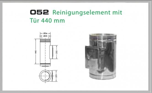 Das Bild zeigt das Produkt 052/DN130 DW6 Reinigungselement mit Tür 500 mm / 440 mm Dinak. Auf der linken Seite ist eine technische Zeichnung mit Abmessungen und auf der rechten Seite ist das dazugehörige Reinigungselement in einer reellen Darstellung zu sehen. Das Reinigungselement wird für Schornsteine oder Abgasanlagen verwendet, um diese zu reinigen oder zu warten. Die Darstellung dient dazu, die Größe und das Design des Produkts zu veranschaulichen, sowie die relevanten Maße und Installationsspezifikationen für potenzielle Käufer oder Nutzer zu kommunizieren.