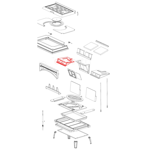 Das Bild zeigt eine Explosionszeichnung eines Ofens der Marke La Nordica, Modell Isotta / Isotta con cerchi. Das Abgasleitblech links ist rot hervorgehoben, um den spezifischen Teil innerhalb des Gesamtaufbaus des Produkts zu kennzeichnen und zu lokalisieren. Das Bild dient dazu, die Position und die Gestaltung des Abgasleitblechs im Kontext der anderen Ofenteile zu veranschaulichen.