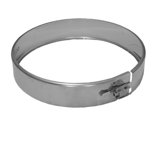 Das Bild zeigt das Produkt Klemmband für Schornsteinsets 130mm DW. Es ist eine technische Zeichnung und eine fotografische Abbildung eines Klemmbandes dargestellt. In der Zeichnung sind die Abmessungen des Klemmbandes mit einer Durchmesserangabe von 130 mm (+5 mm Toleranz) und einer zusätzlichen Angabe der lichten Weite +60 mm zu sehen. Das Klemmband selbst ist ein metallisches Band mit einer Verschlusseinrichtung, das zur Befestigung oder Verbindung von Schornsteinrohren oder ähnlichen runden Bauteilen dient.