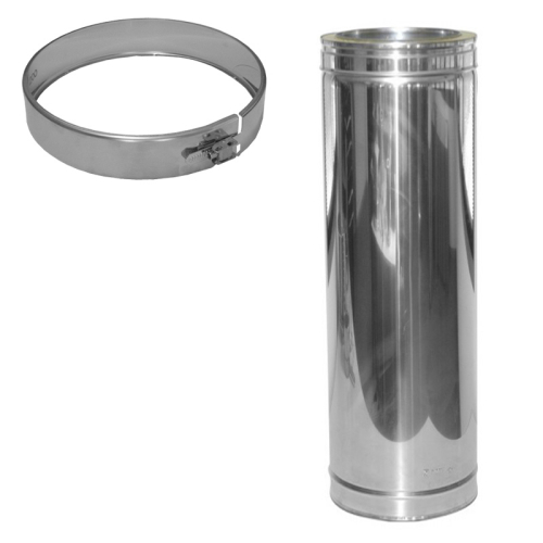Das Bild zeigt das Produkt 024/DN180 DW6 Längenelement 500mm/440 mm Dinak. Zu sehen ist ein metallisches Rauchrohr oder Abgasrohr mit einer Länge von 440 mm für die Installation in einer Abgasanlage oder einem Schornsteinsystem. Auf der linken Seite enthält das Bild maßstabsgetreue Zeichnungen des Produkts mit Angaben zu den Abmessungen, einschließlich des Außendurchmessers (Da) und einer Gesamthöhe von 440 mm. Die Angabe Da= innere Weite + 60 mm deutet darauf hin, wie der Außendurchmesser in Relation zur inneren Weite des Rohrs steht. Insgesamt dient das Bild dazu, dem Betrachter eine klare Vorstellung von den physischen Eigenschaften des Längenelements zu geben.