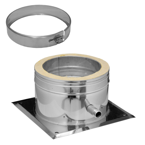 Das Bild zeigt eine technische Produktabbildung der 858/DN130 DW Isolierte Verankerungsplatte mit Ablauf seitlich von Dinak. Die Verankerungsplatte ist abgebildet neben einer technischen Zeichnung mit Maßangaben, welche die verschiedenen Größen der Komponenten des Produkts in Millimetern (mm) darstellen. Farblich unterlegte Zahlen geben die verfügbaren Durchmesser (Da) in verschiedenen Farben für unterschiedliche Größen an. Das Bild dient dazu, die spezifischen Dimensionen und die physische Form der isolierten Verankerungsplatte zu verdeutlichen.